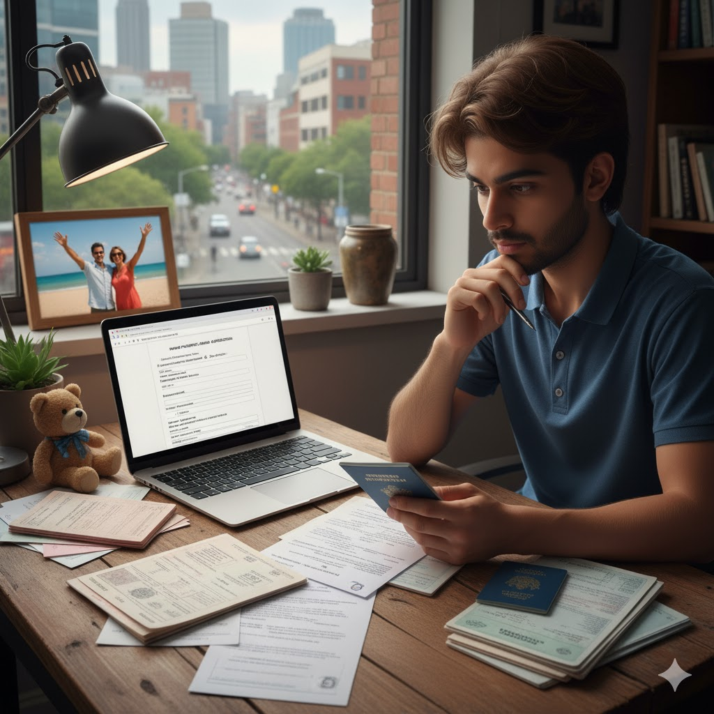 A young student reviewing passport documents, symbolizing the application process for minors living away from parents.